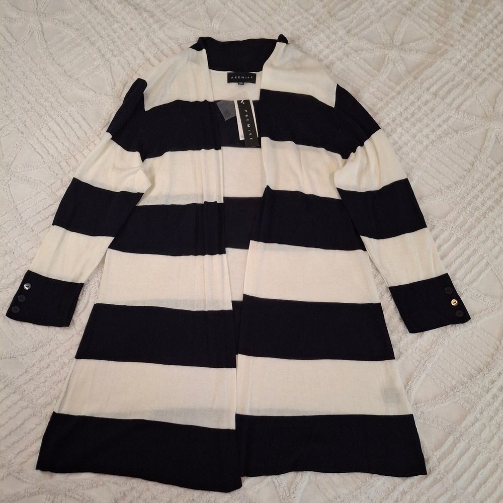 Premise Womens Large Cardigan Navy Blue Ivory Striped Open Front Sweater NWT